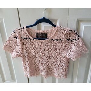 Reformation Crop Top Womens XS Floral Lace Sheer Short‎ Sleeve Fringe Boho Beige